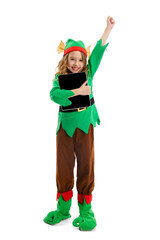 Cute smiling girl dressed like funny gnome or elf using tablet, gadget isolated over white studio background. Winter, holiday, christmas concept