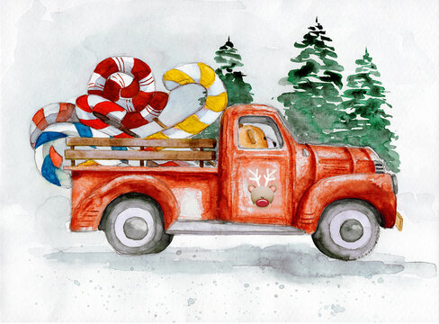 Watercolor illustration of a red truck with bear driver carrying some colorful candy canes