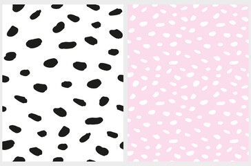 Simple Hand Drawn Irregular Geometric Seamless Vector Patterns. Black and White Spots on a Pastel Pink and White Background. Cute Infantile Repeatable Design. 