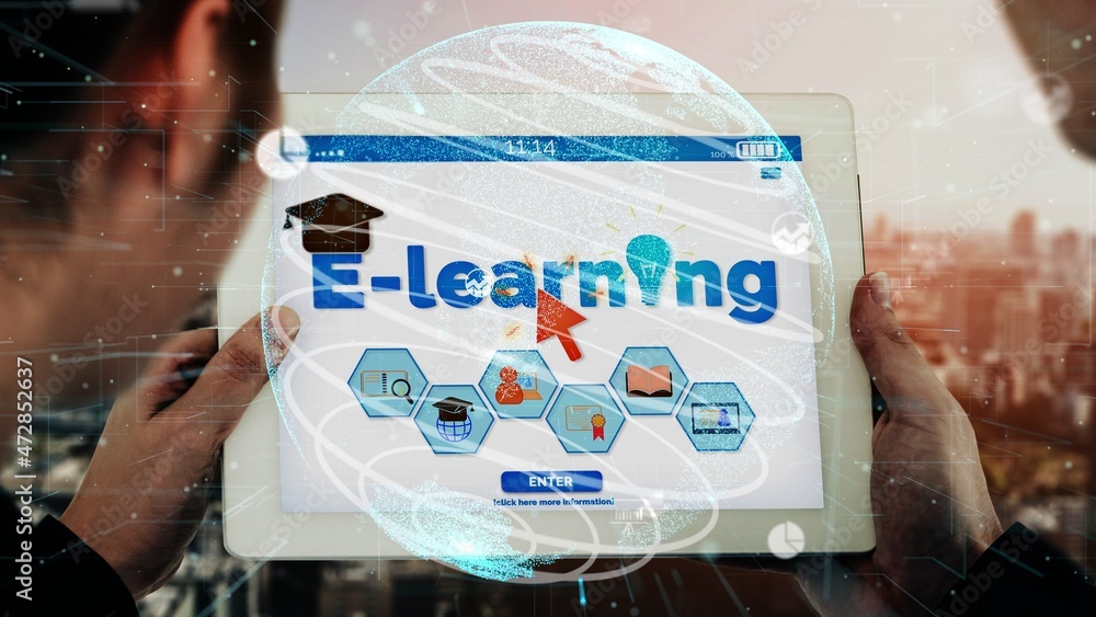 Poster e-learning and online education for student and university conceptual . graphic interface showing te