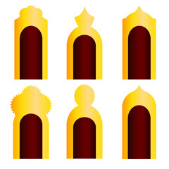 Arab gold buildings set of vector icons. Eastern architecture. Arches. Doors. Window