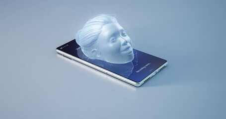 Pan around view of 3D head of female virtual assistant speaking from screen of modern cellphone on gray background