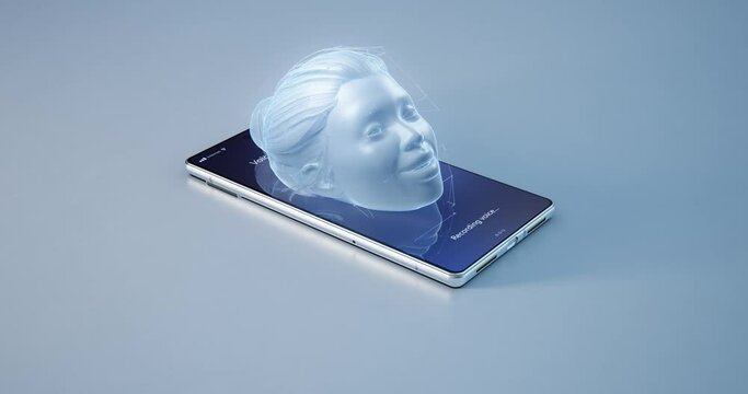 Pan around view of 3D head of female virtual assistant speaking from screen of modern cellphone on gray background