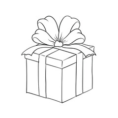 Gift box. Christmas present box with ribbon and bow. Line vector illustration isolated on white background. Vector EPS 10.