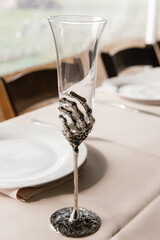 Clear Spooky Skeleton Hand glass Goblet Party Cup Wine Glass Skeleton Hand Champagne Glass Spooky Wine Accessories Halloween Stemless Wine Glass White table set background 