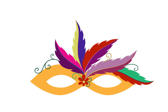 Carnival mask in Venice, Brazil. Vector isolated face decoration with feathers. Accessory for the celebration of a masquerade, costume party, ball. Bright design.