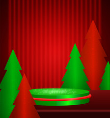 Vector winter Christmas illustration with stage pedestal and fir trees