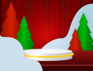 Vector winter Christmas illustration with stage pedestal and fir trees
