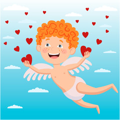 Vector character in flat style of cupid soaring in the sky holding hearts in his hands.
Suitable for congratulations lovers, cards, holiday designs.
