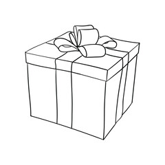 Gift box. Christmas present box with ribbon and bow. Line vector illustration isolated on white background. Vector EPS 10.