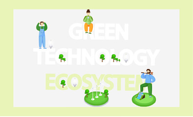 Fototapeta premium Green technology ecosystem banner. Eco friendly production and processing on planet. Environmentally safe power sources, biofuel production, eco smart system and recycling to preserve environment