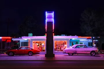 Gordijnen Tucumcari, New Mexico, USA. Route 66. Historic Blue Swallow Motel. © Danita Delimont