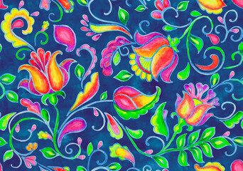 Paisley watercolor floral pattern tile: flowers, flores, tulips, leaves. Oriental indian traditional hand painted water color whimsical seamless print, ceramic design. Abstract india batik background