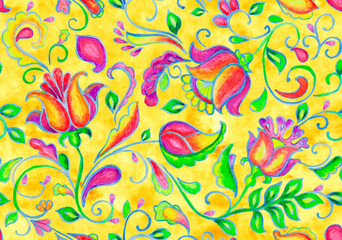 Paisley watercolor floral pattern tile: flowers, flores, tulips, leaves. Oriental indian traditional hand painted water color whimsical seamless print, ceramic design. Abstract india batik background