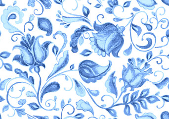 Paisley watercolor floral pattern tile: flowers, flores, tulips, leaves. Oriental indian traditional hand painted water color whimsical seamless print, ceramic design. Abstract india batik background