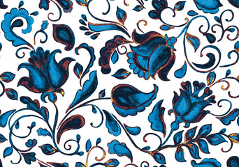 Paisley watercolor floral pattern tile: flowers, flores, tulips, leaves. Oriental indian traditional hand painted water color whimsical seamless print, ceramic design. Abstract india batik background