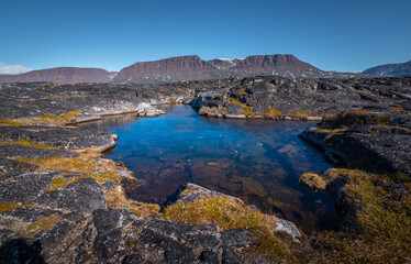 Fototapeta na wymiar landscape with lake and mountains under clear sky, Disko Island, Greenland