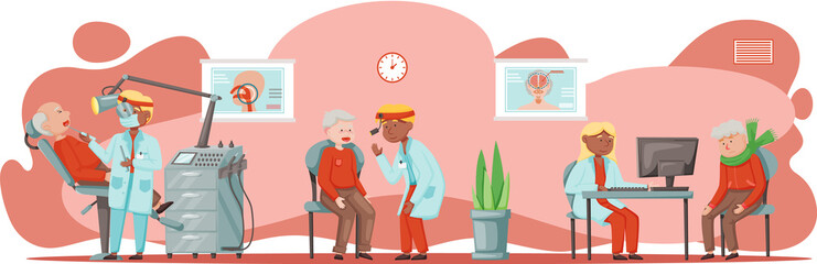 Otolaryngologist doctor with nose, ear and throat or ENT diagnostic and treatment instruments. Otology doctor with patient. Otorhinolaryngology healthcare medicine or otolaryngology diseases