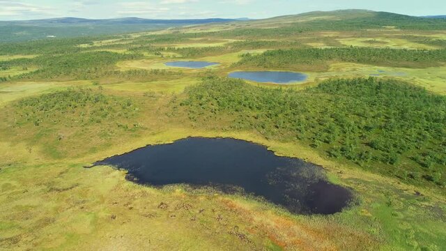 Aerial view over a fj&auml;ll with  swamps, lakes and birch trees at Flatruet, central Sweden