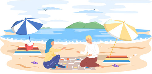 Couple playing board game sitting on sandy beach. Friends enjoy indoor activity in summer vacation. Cartoon character guy and girl having fun outdoors together, resting on weekend with tablegame