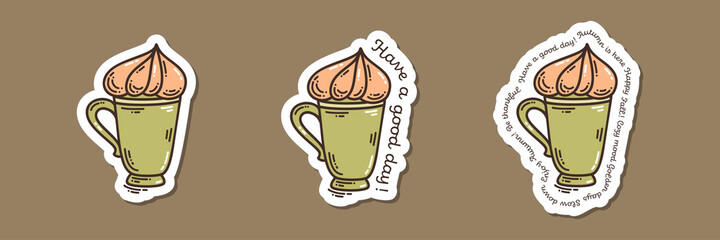 Colorful hand-drawn cold days mood stickers set with a cup of cappuccino and lettering in doodle style isolated on white background. Cute vector collection for seasonal decoration.