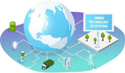 Eco friendly technologies on planet. Environmentally safe power sources. Renewable energy, ecosystem preservation, biofuel production, nature protection. Distribution of electricity, waste recycling