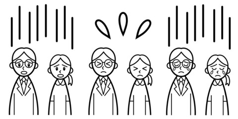 Line drawing of doctor and nurse with sad faces