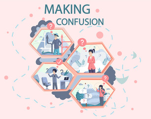People making decision, solve their doubts, make confusion choose path. Worried person thinking about problem, doing difficult choice, deep in thought, doubts, making important solution with question