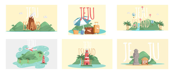 Jeju island in South Korea, tourist tour banner. Summer vacation, active tour with famous attraction, adventure time. Layout of postcard to island for travelers. Jeju, Korean nature and landscape