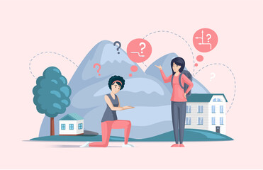 Making confusion. Pensive girl thought about solution to problem, choose right answer consults with friend. Career, life and question decision process. Person thinks hesitates to make ones choice