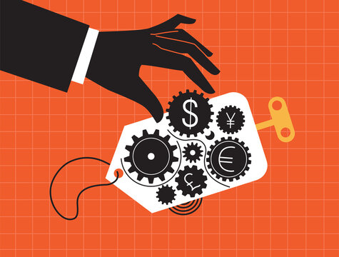 The economy as a clockwork symbol. Abstract vector illustration of the sale tag, urrency converter, online money transfer, euro and dollar coins, mobile banking, finance, digital money market. Buying