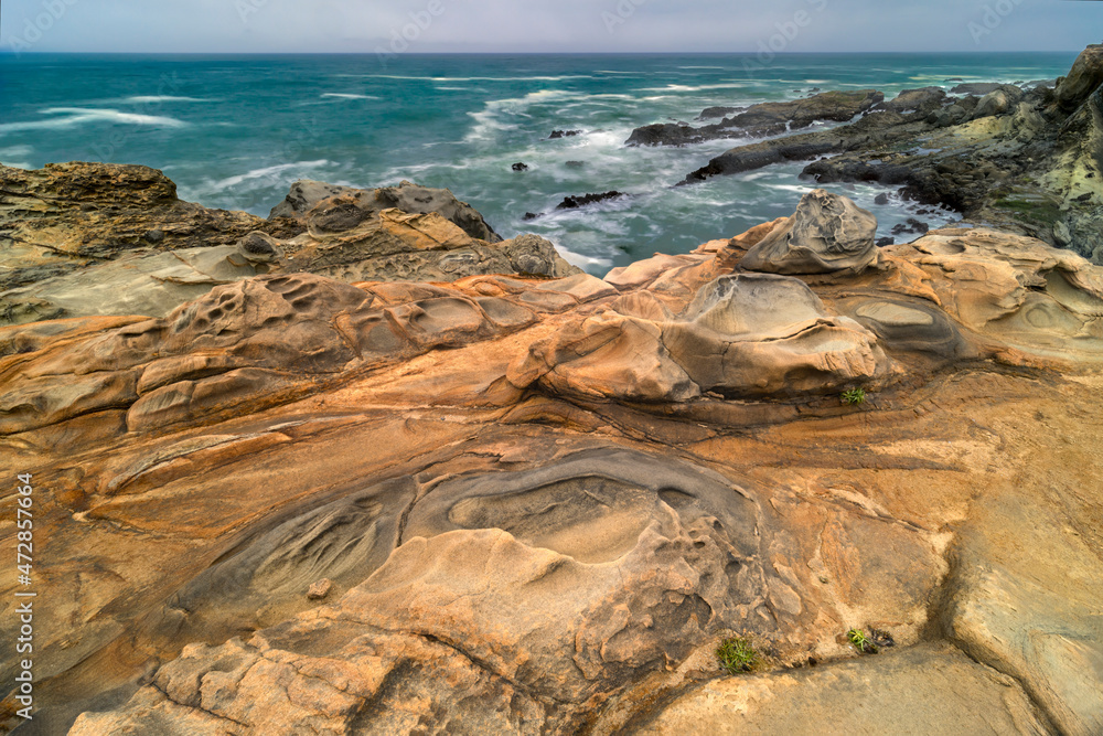 Canvas Prints Long exposure of wave action along coastline, Shore Acres State Park, Cape Arago Highway, Coos Bay, Oregon