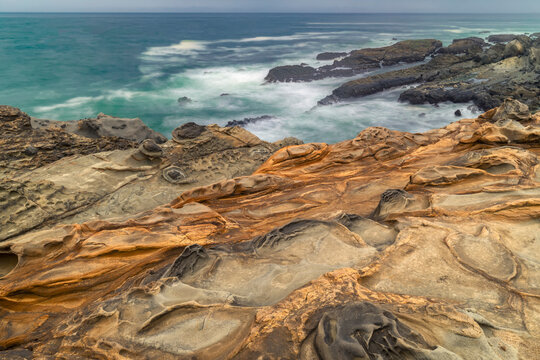 Long exposure of wave action along coastline, Shore Acres State Park, Cape Arago Highway, Coos Bay, Oregon