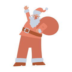 Santa Claus character. Funny old man character carrying sack with gifts, waving hand. Christmas decoration design. Isolated clipart element. Vector flat Illustration. Only 5 colors - Easy to recolor.