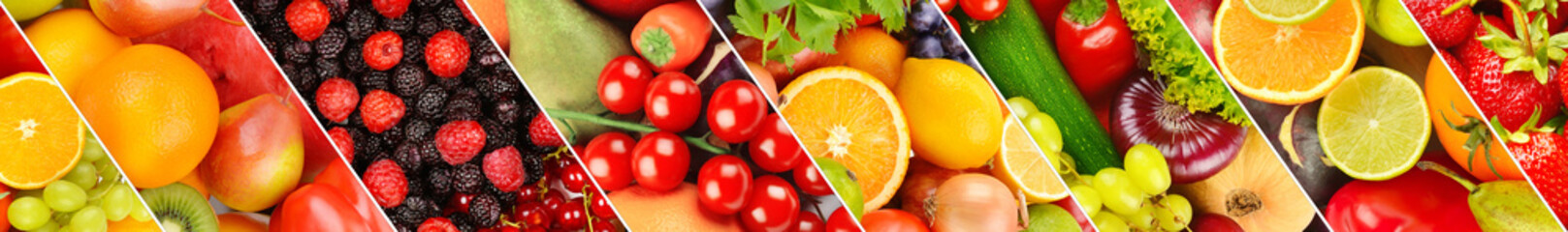 various fruits and vegetables background. skinali. Wide photo. Collage.