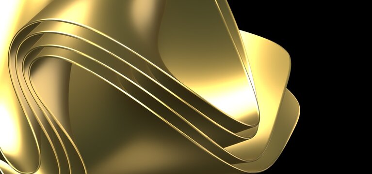 Abstract gold lines are curved on a black background. Optical illusion of concavity