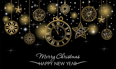Christmas decorations, snowflakes and stars on black background. Gold clock and Christmas balls. New Year greeting card or invitation. Merry Christmas and Happy New Year.