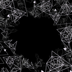 Polygonal floral black and white design frame with glitter. White line art. Isolate. Hand drawing.