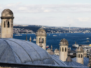 View of the Bosphorus and Istanbul towers and minarets in the foreground
