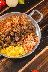 Colorful Food Appetizer Starts Snacks Fresh Delicious Menu Recipe Meal Meat Chicken Fries Fish Seafood Beer on a wooden table on the Beach