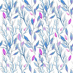 Winter seamless pattern. Delicate watercolor background. Leaves and twigs are intertwined on a white background. Print for fabric, for home textiles and clothing. Blue, pink, purple shades.