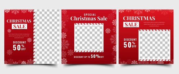 Christmas sale social media post template design. Modern square banner with snowflakes decoration and place for the photo. Usable for social media post, banner, and web.