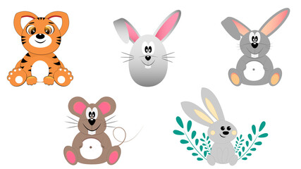 A set of icons with cute animals: tiger, rabbit and mouse.