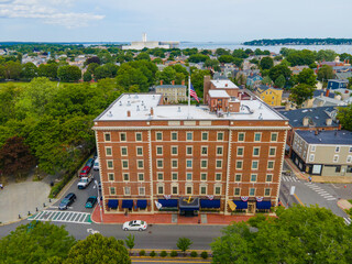 Historic Hawthorne Hotel aerial view at 18 Washington Square West in historic city center of Salem,...
