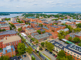 Salem downtown historic district on Essex Street aerial view in city center of Salem, Massachusetts...