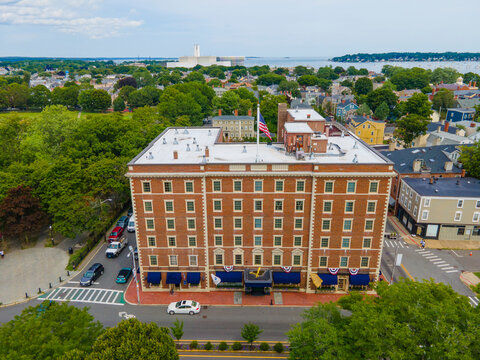 Historic Hawthorne Hotel aerial view at 18 Washington Square West in historic city center of Salem, Massachusetts MA, USA. 