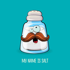 Cute cartoon salt shaker with smiling faces isolated on turquoise background. Funky Kawaii salt character. My name is salt concept illustration for printing on tee
