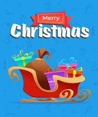 Vector Christmas card with Santa Claus sleigh and gifts on a blue background with the inscription