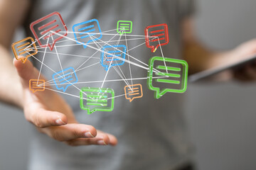 touching 3D rendering flying email icon with his fin