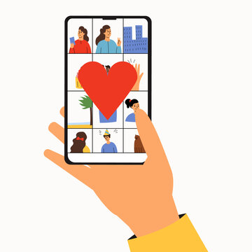 Hand with phone in hand. Social networks, photos on social networks. Like, view photos. Vector illustration